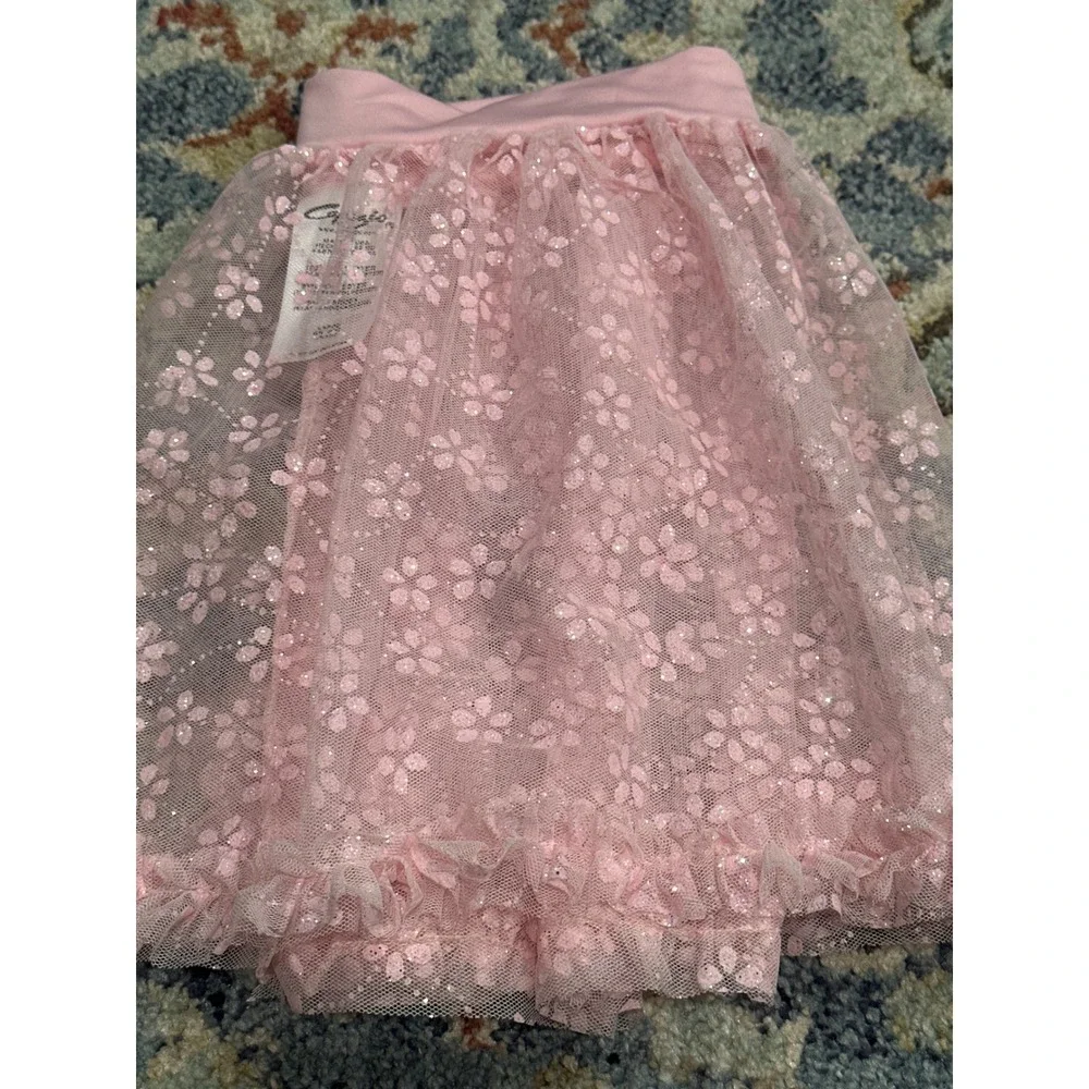 Capezio Dance Skirt Girls Large Pink Glitter Floral Ruffle Ballet EUC